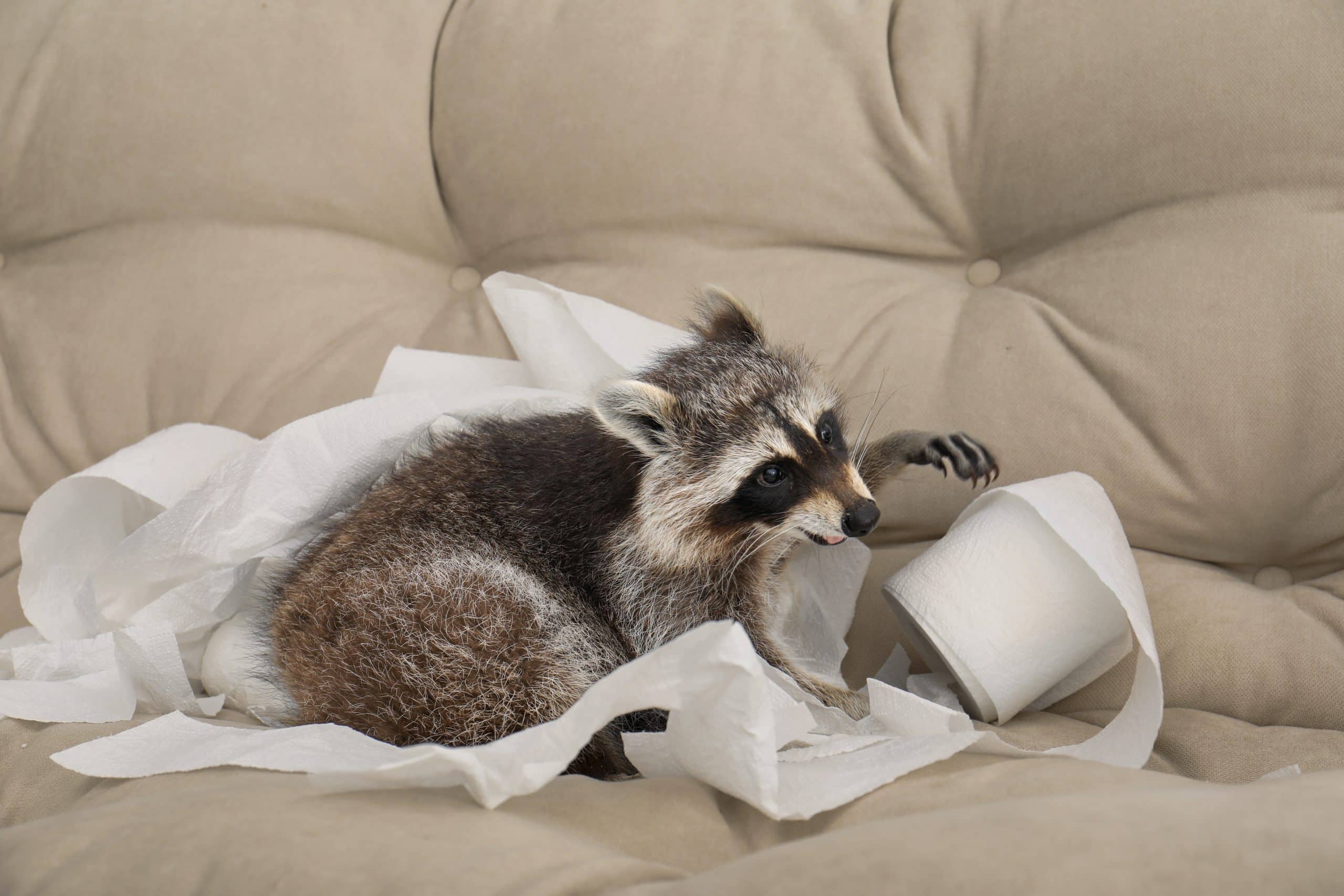 Waschbär auf einer Couch spielt mit einer Klopapierrolle Waschbär im Garten - Wildtiere in Deutschland