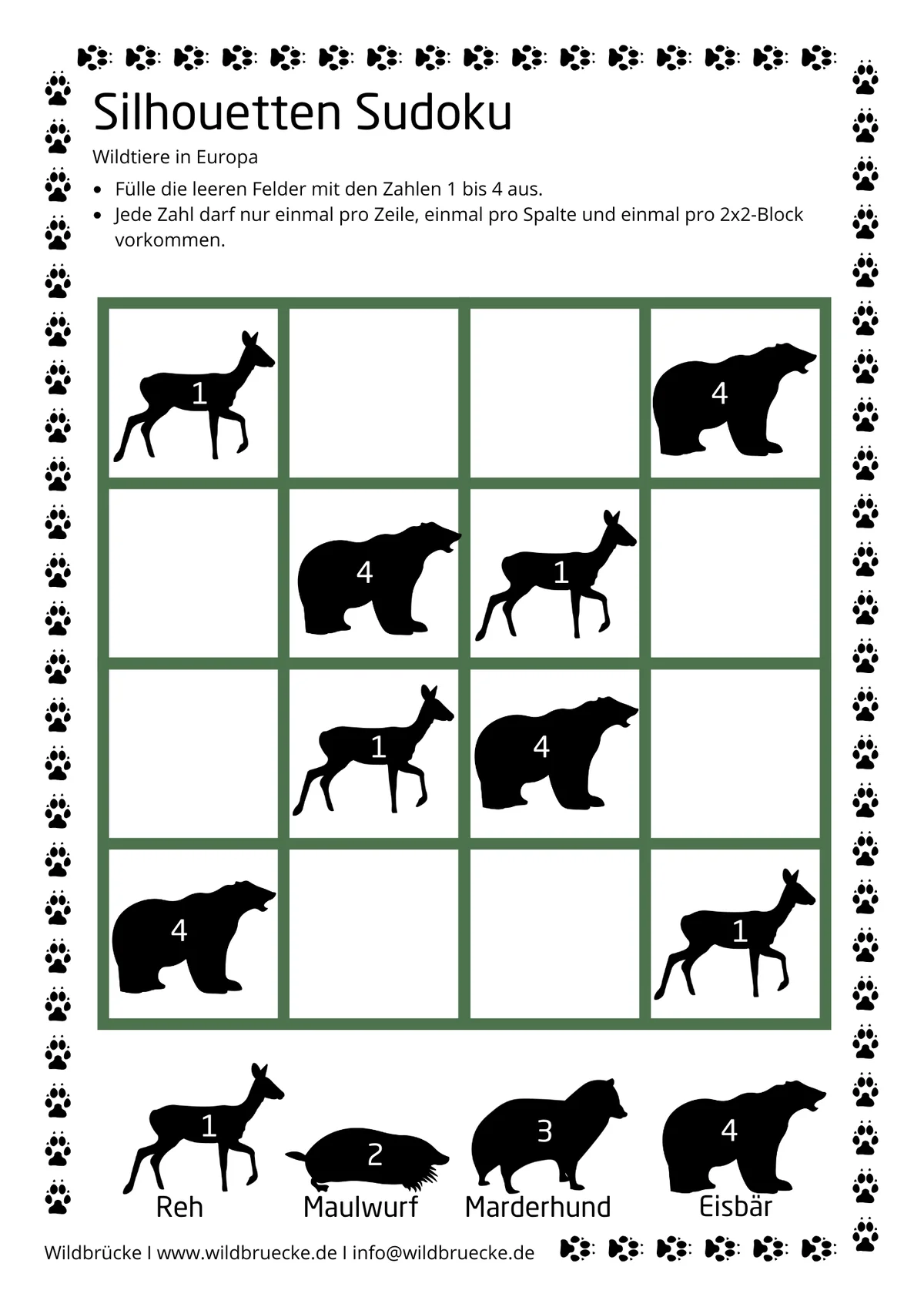 Pracovní list Silhouette Sudoku - Divoká zvířata v Evropě
